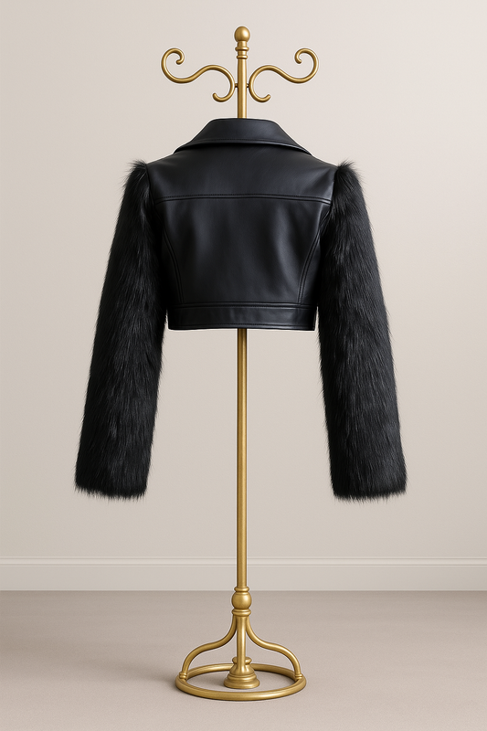 BLACK LEATHER FAUX FUR ARM CROP COAT
