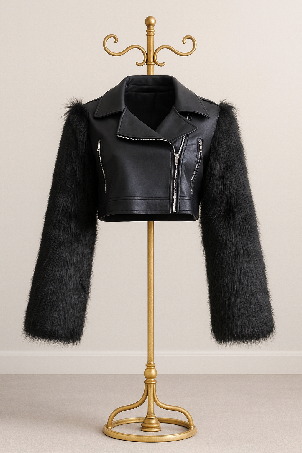 BLACK LEATHER FAUX FUR ARM CROP COAT