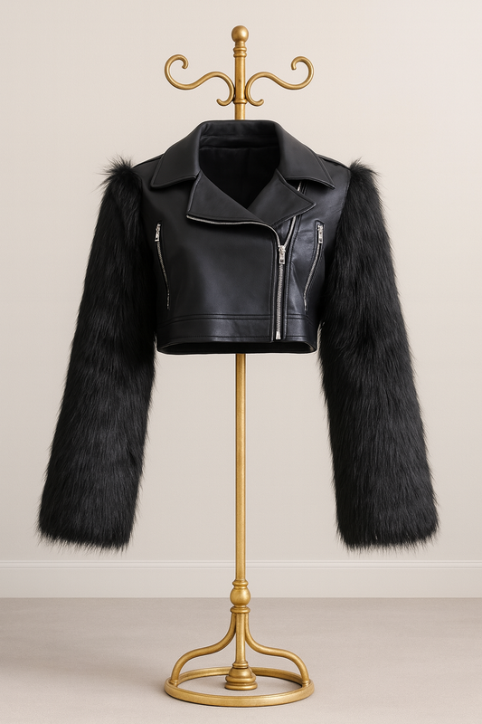 BLACK LEATHER FAUX FUR ARM CROP COAT